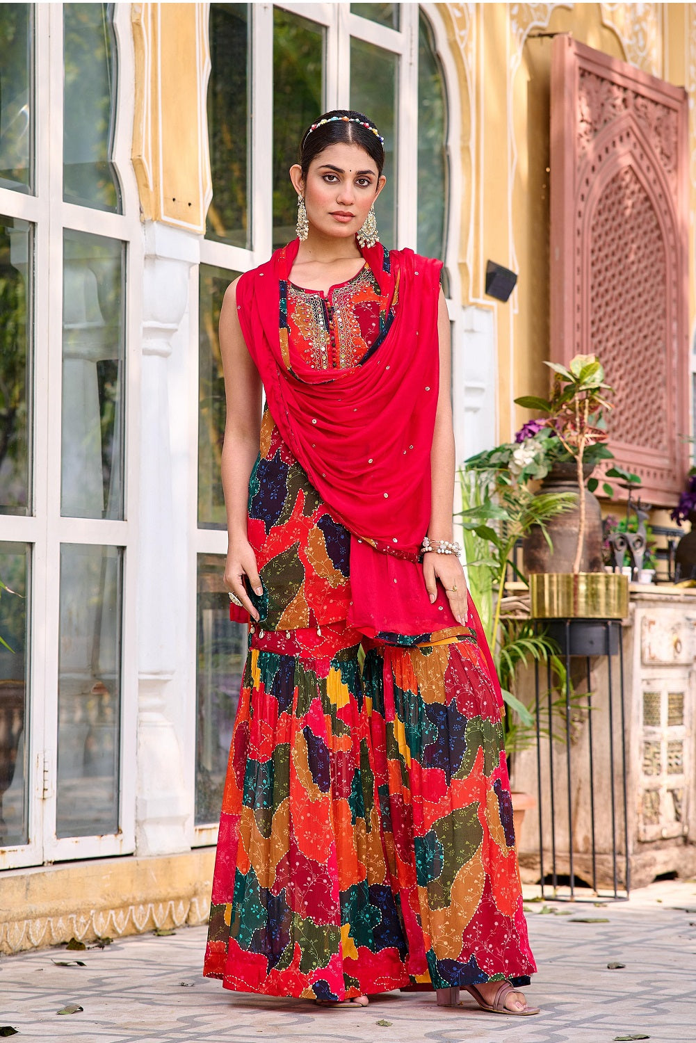 Multi Color Chinon Short Kurti 3 Pieces Set