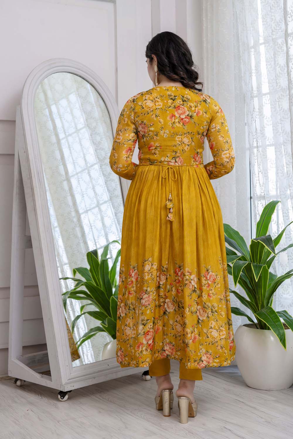 Mustard Chinon Aliya Cut Kurti 3 Pieces Set
