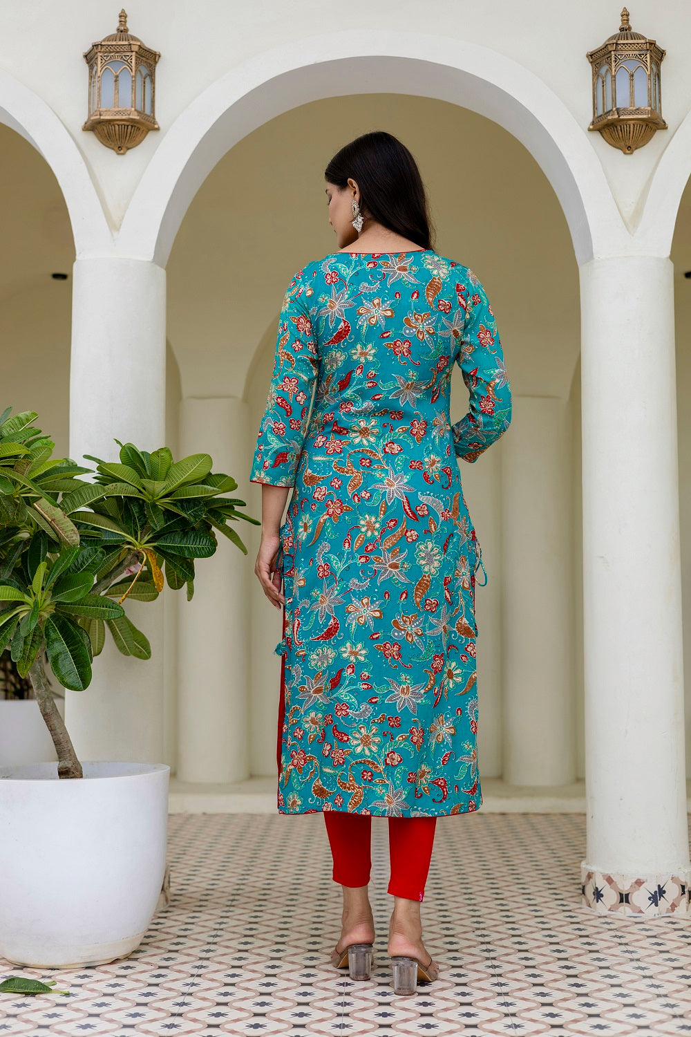 Rama Green Rayon Printed Straight Kurti