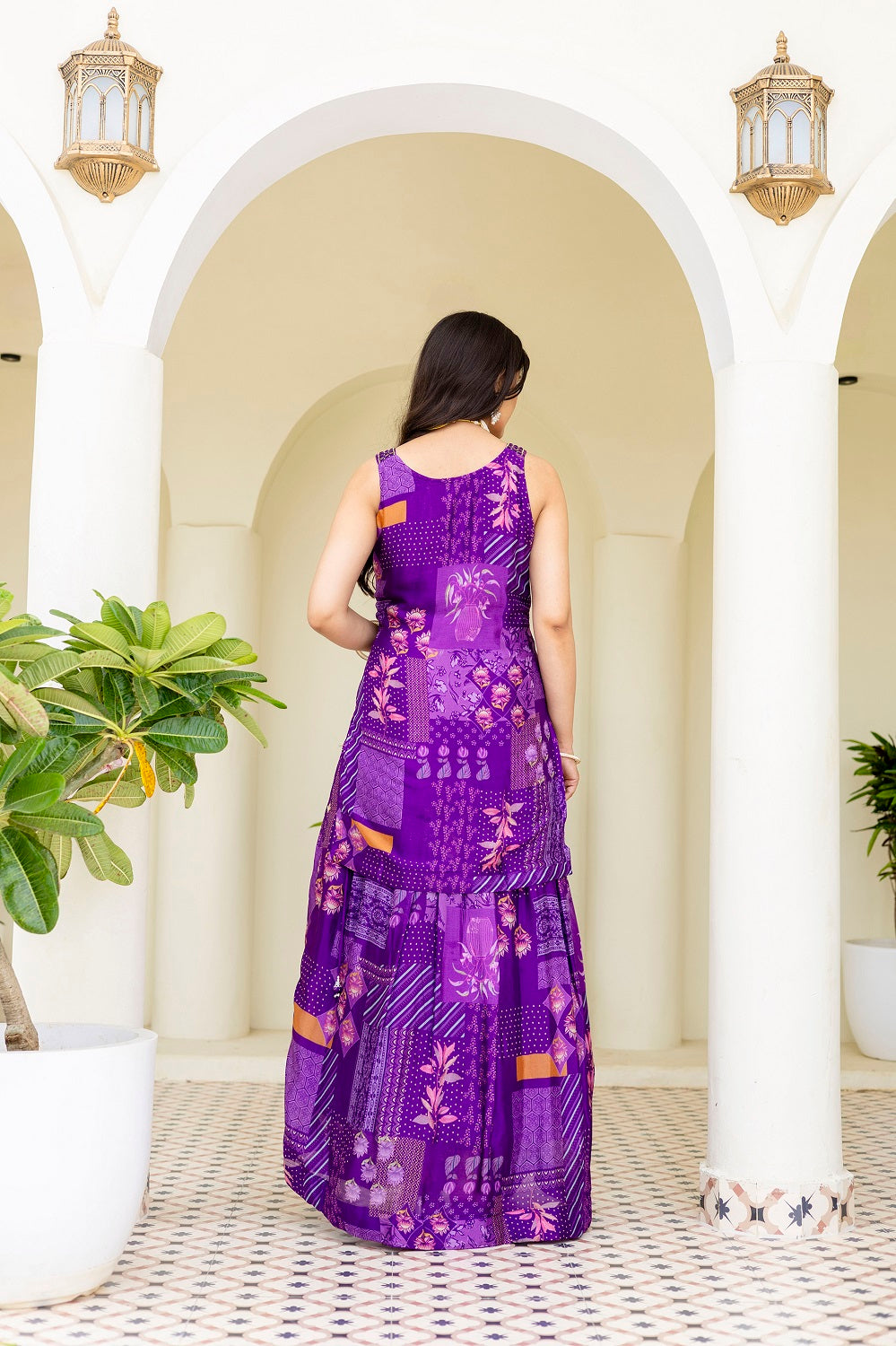 Purple Chinon Skirt Kurti 3 Pieces Set