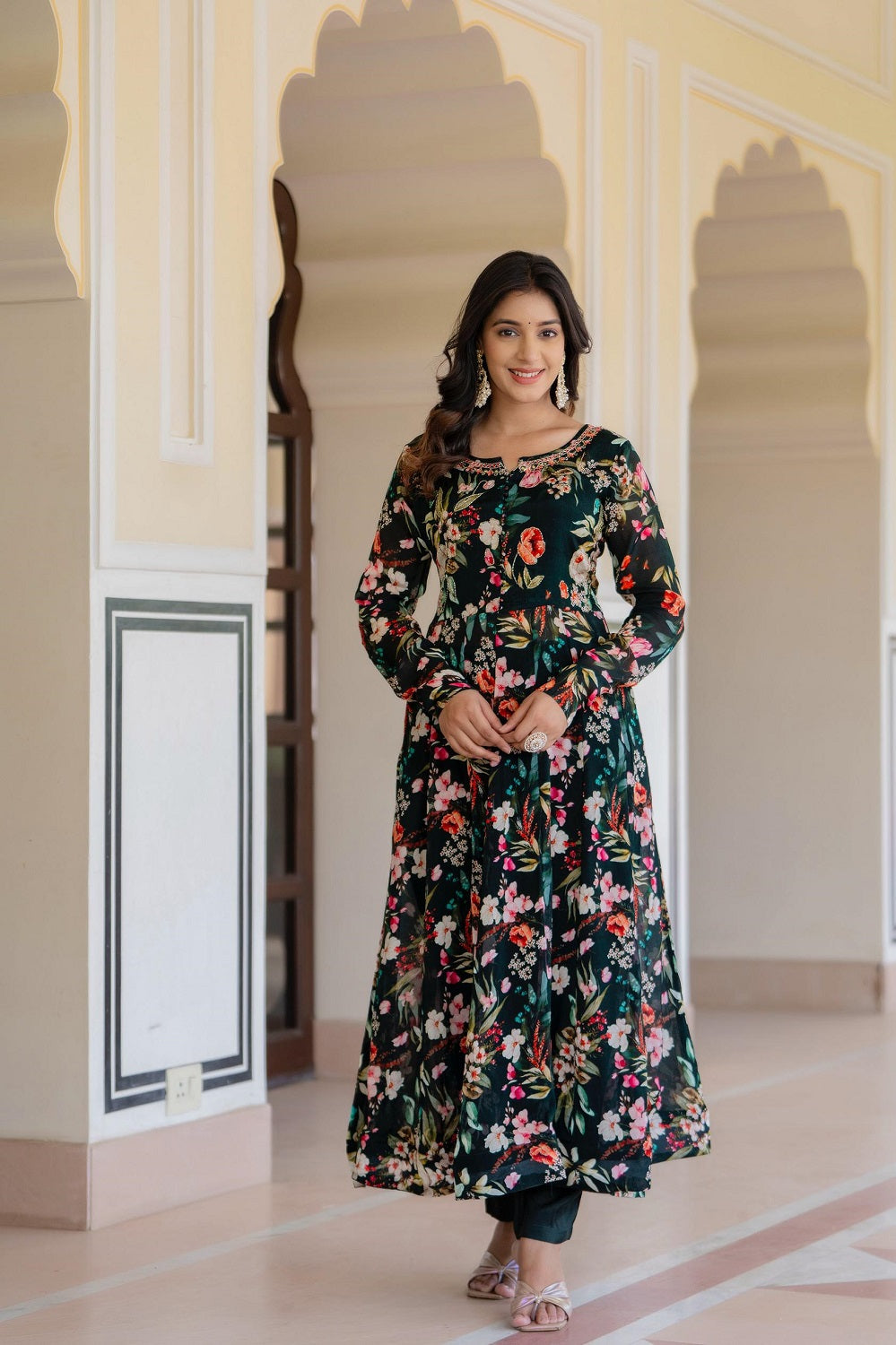 Bottle Green Chinon Frock Kurti 3 Pieces Set