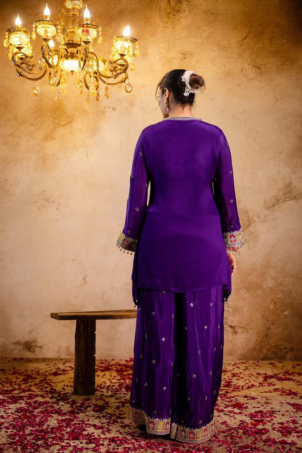 Violet Chinon Kurti Plazo 3 Pieces Set