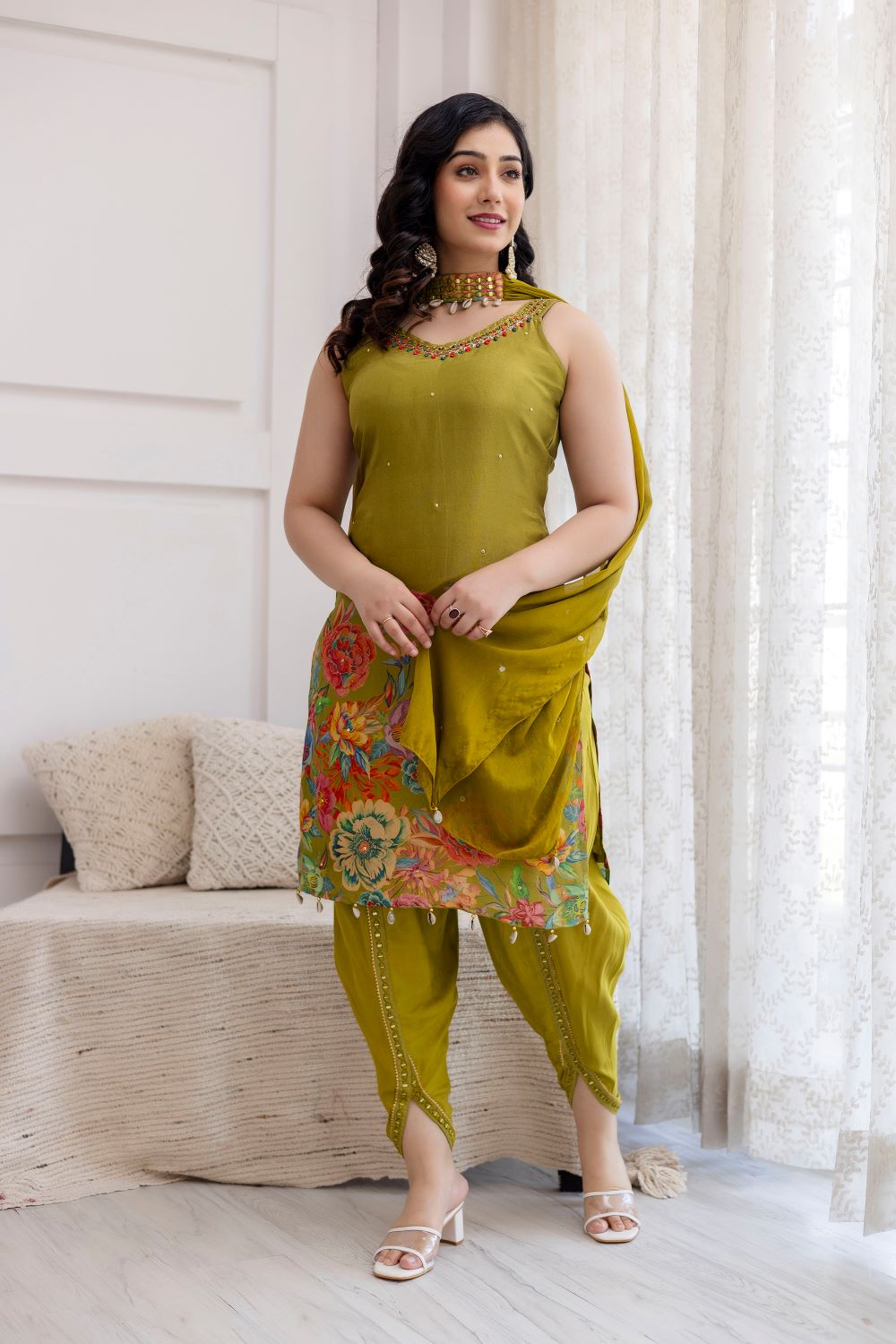 Light Green Strap Kurti With Dhoti And Dupatta