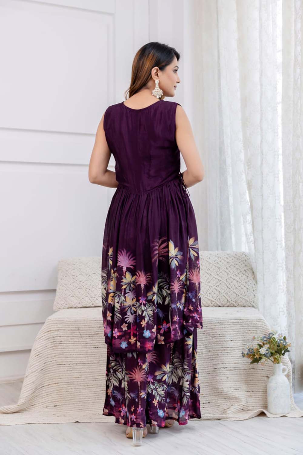 Kaira Dark Wine Partyqueen Poplon Kurti Plazo Dupatta Set