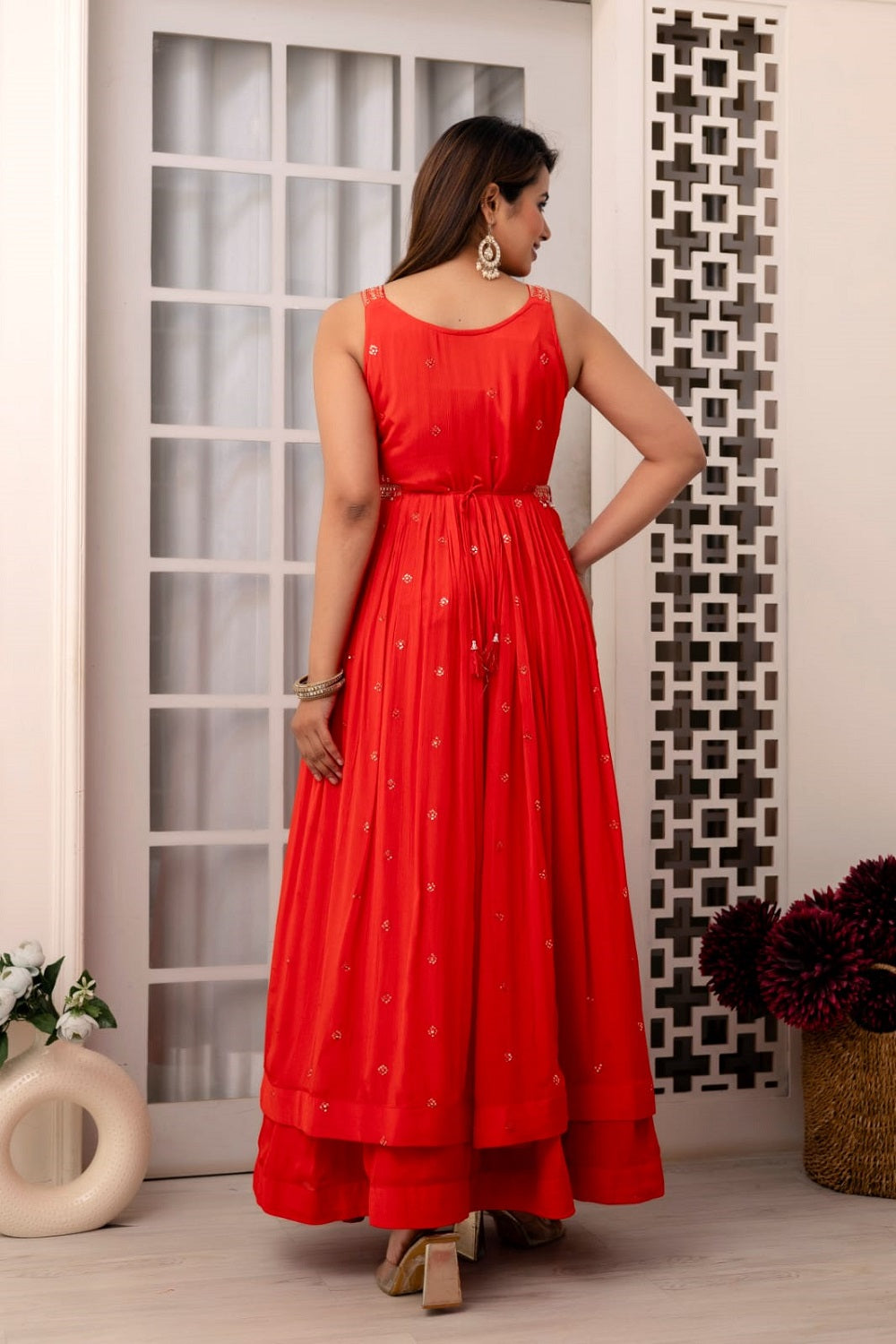 Red Chinon Skirt Kurti 3 Pieces Set