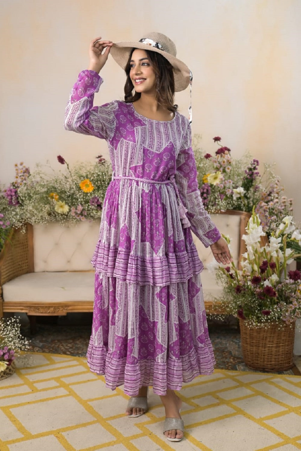 Lavender Cotton Printed Frock Kurti