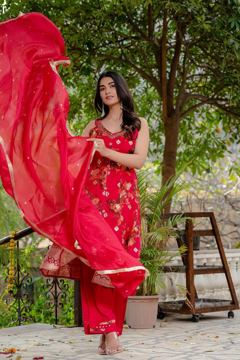 Red Chinon Frock Kurti 3 Pieces Set