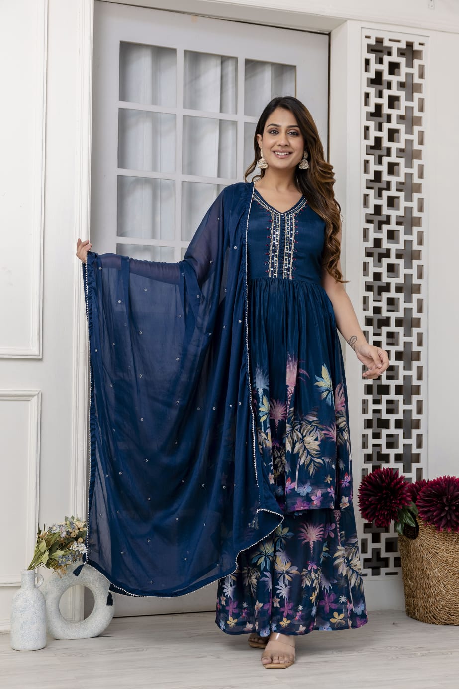 Peacock Blue Poplon Kurti 3 Pieces Set