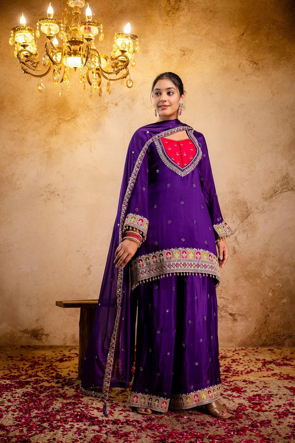 Violet Chinon Kurti Plazo 3 Pieces Set