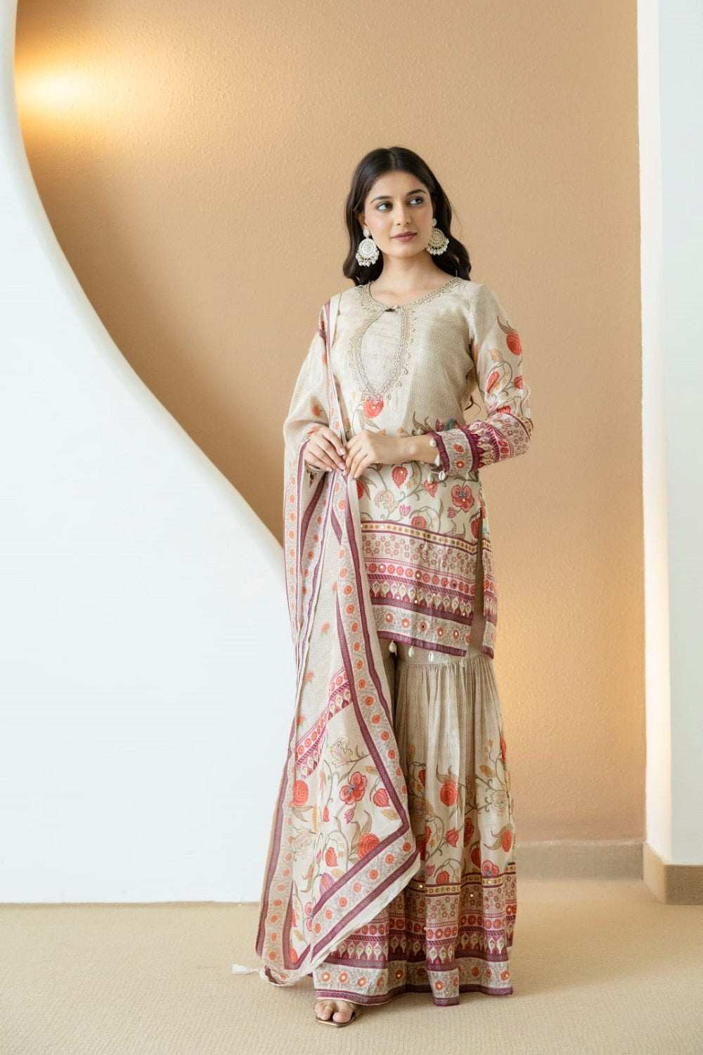 Buff Silk Kurti Sharara 3 Pieces Set