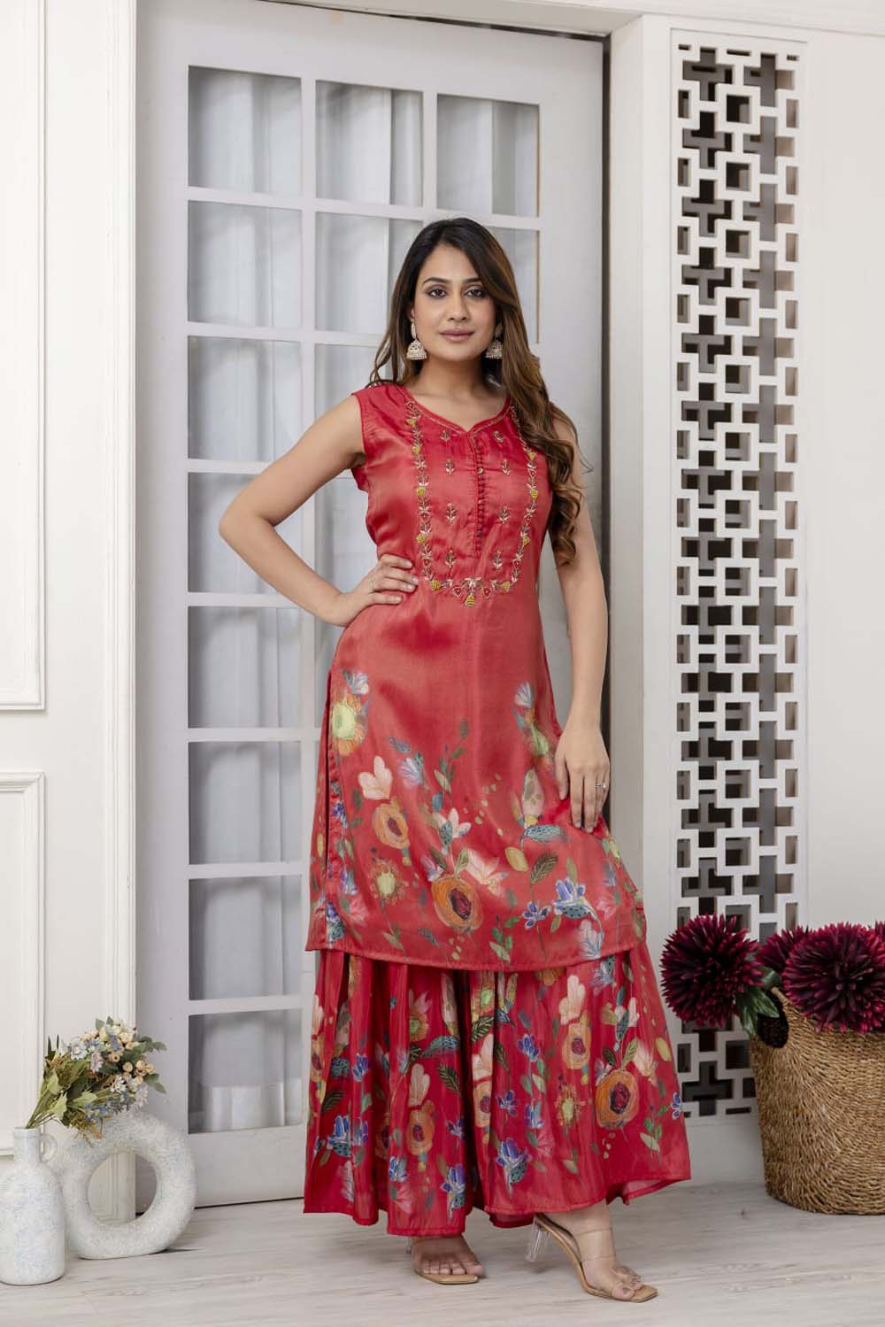 Kaira Bright Tomato Pink Poplon Kurti Plazo Dupatta Set