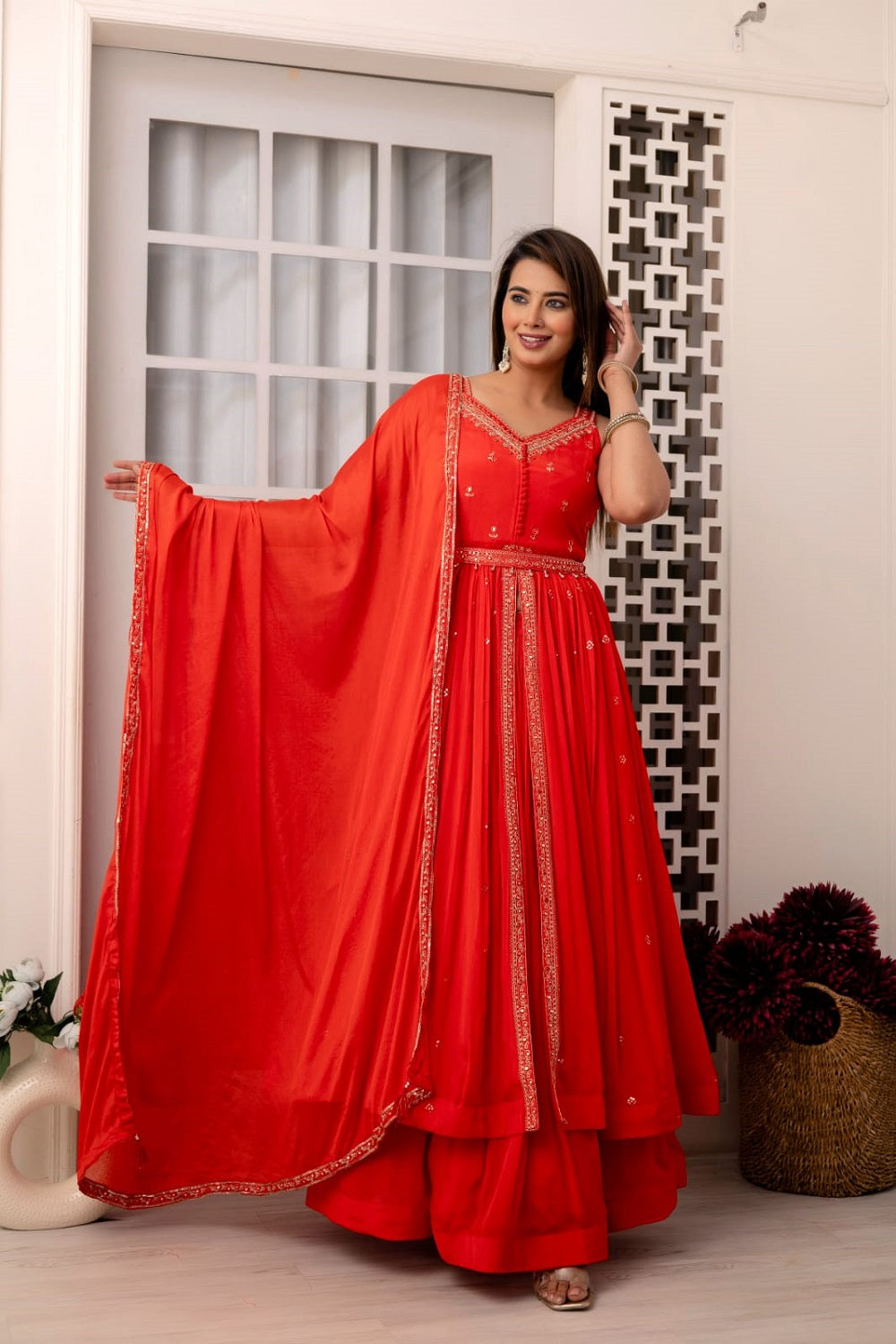 Red Chinon Skirt Kurti 3 Pieces Set