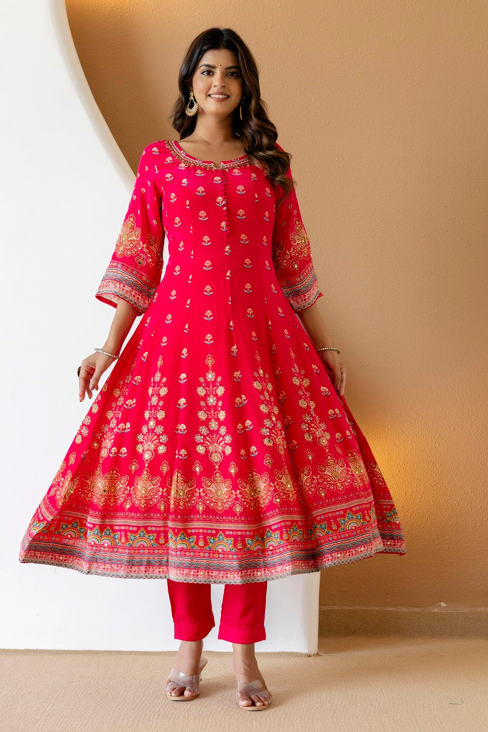 Rani Pink Crepe Frock Kurti 3 Pieces Set