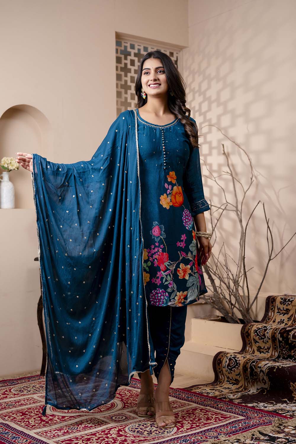 Kaira Partyqueen Till Blue Kurti Dhoti With Dupatta Set