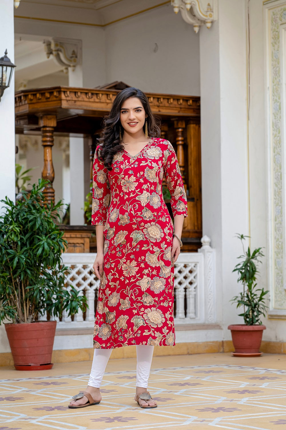 Red Printed Partyqueen Straight Cut Kurti