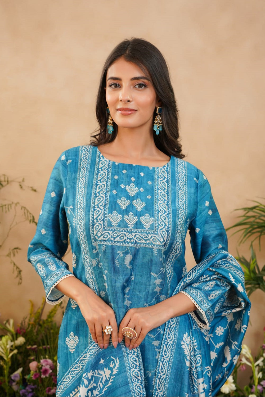 Blue Straight Silk Kurti 3 Pieces Set