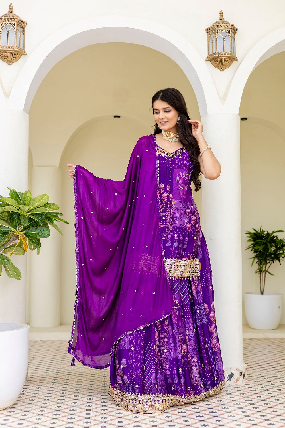 Purple Chinon Skirt Kurti 3 Pieces Set