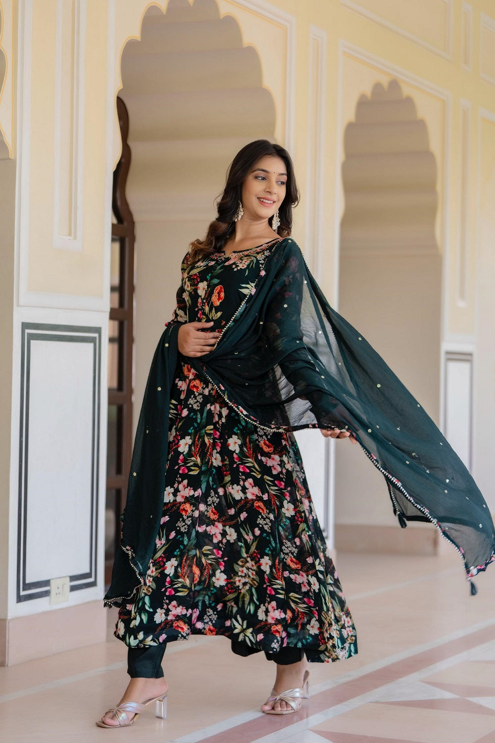 Bottle Green Chinon Frock Kurti 3 Pieces Set