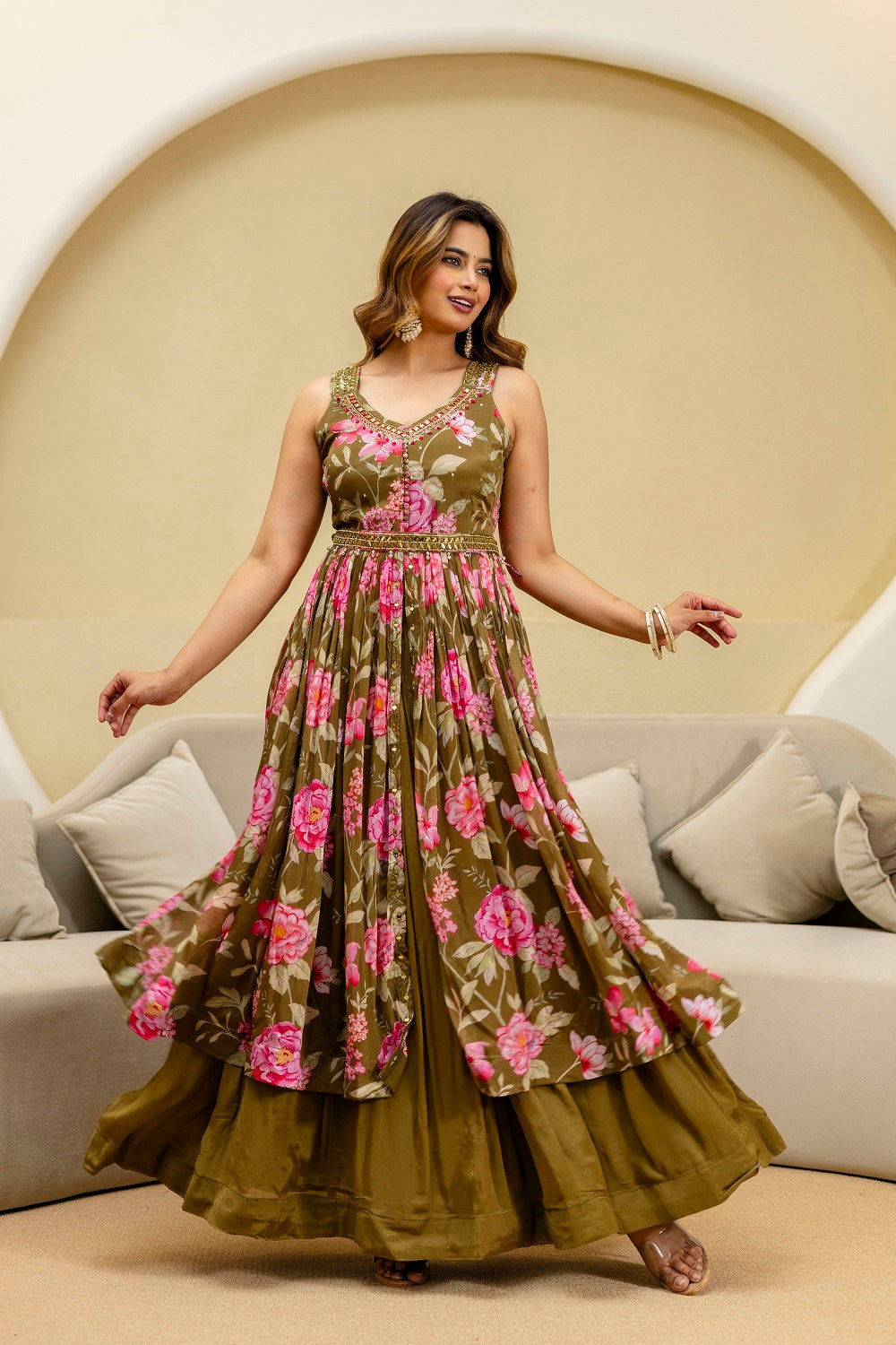 Mehandi Green Chinon Kurti 3 Pieces Set