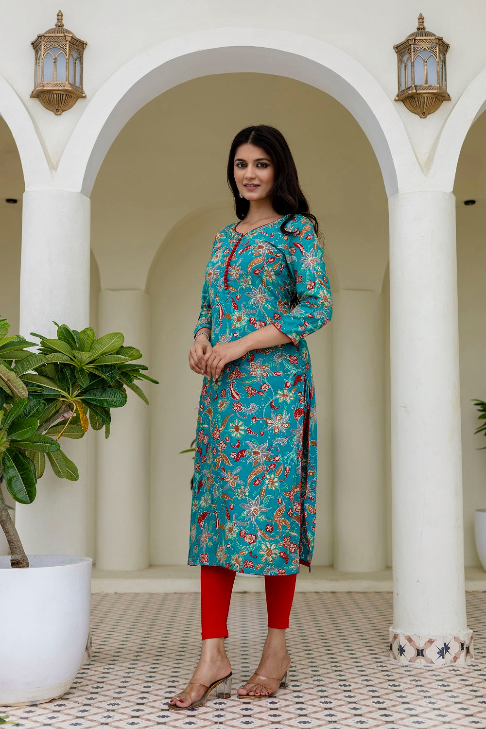 Rama Green Rayon Printed Straight Kurti