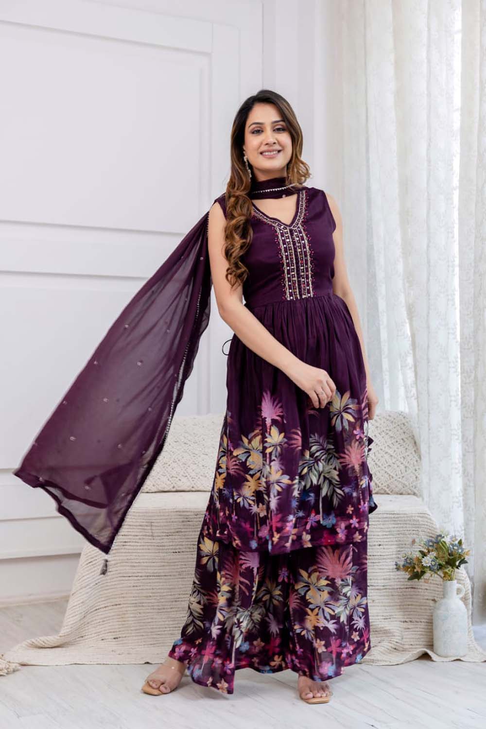 Kaira Dark Wine Partyqueen Poplon Kurti Plazo Dupatta Set