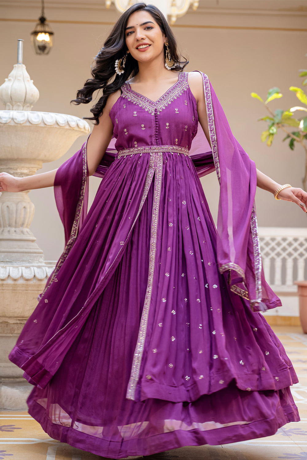 Violet Chinon Front Open Kurti 3 Pieces Set