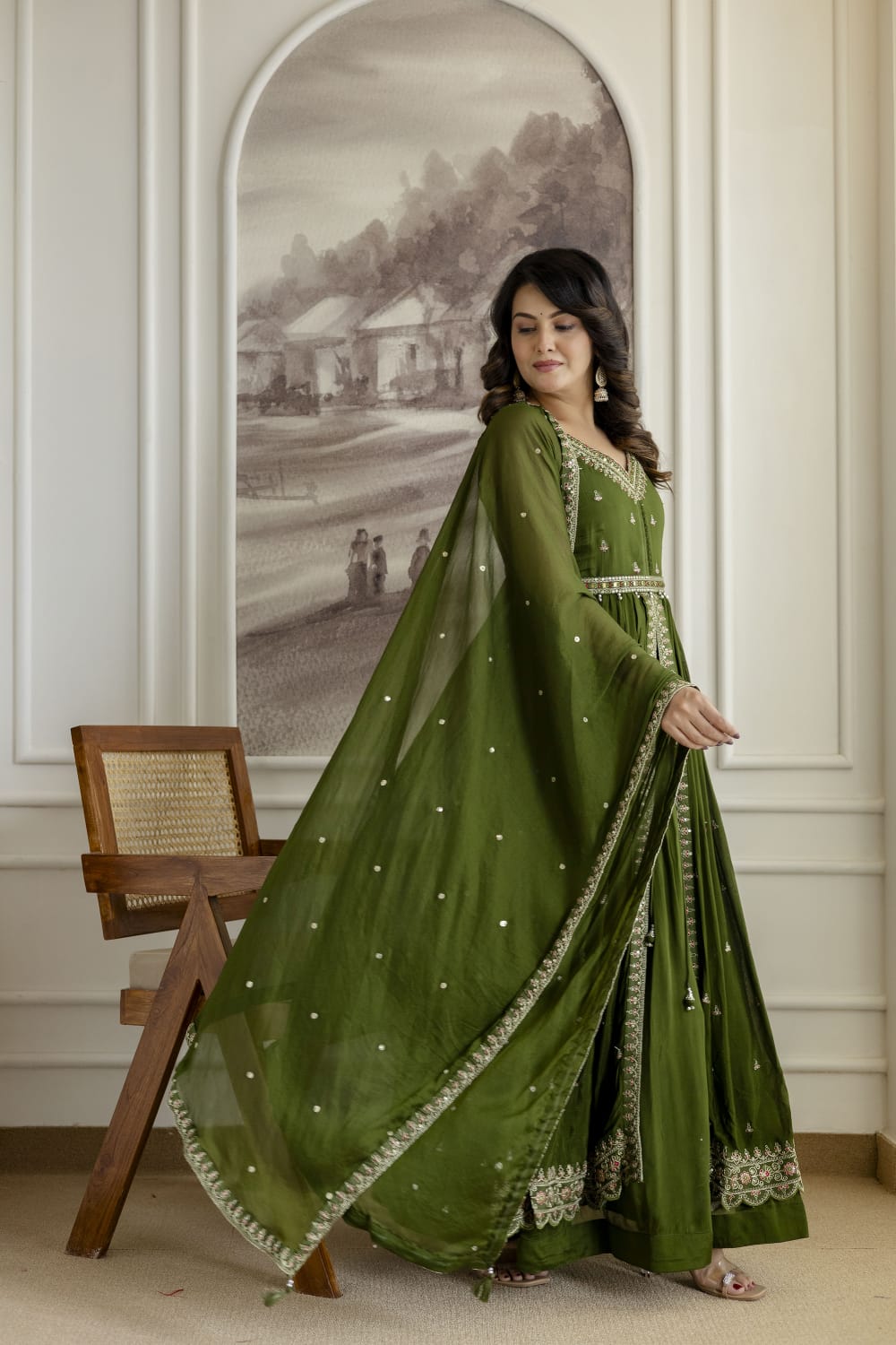 Mehandi Green Chinon Kurti 3 Pieces Set