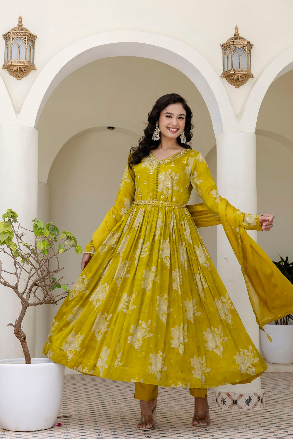 M Green Chinon Frock Kurti 3 Pieces Set