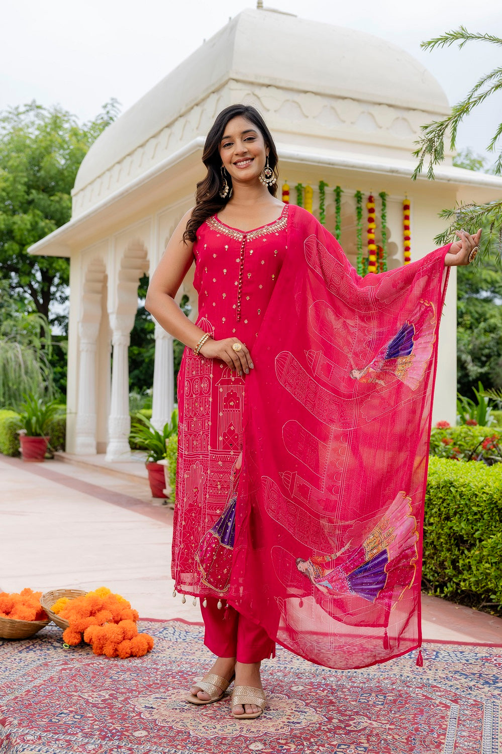 Rani Pink Organza Printed Kurti 3 Pieces Set