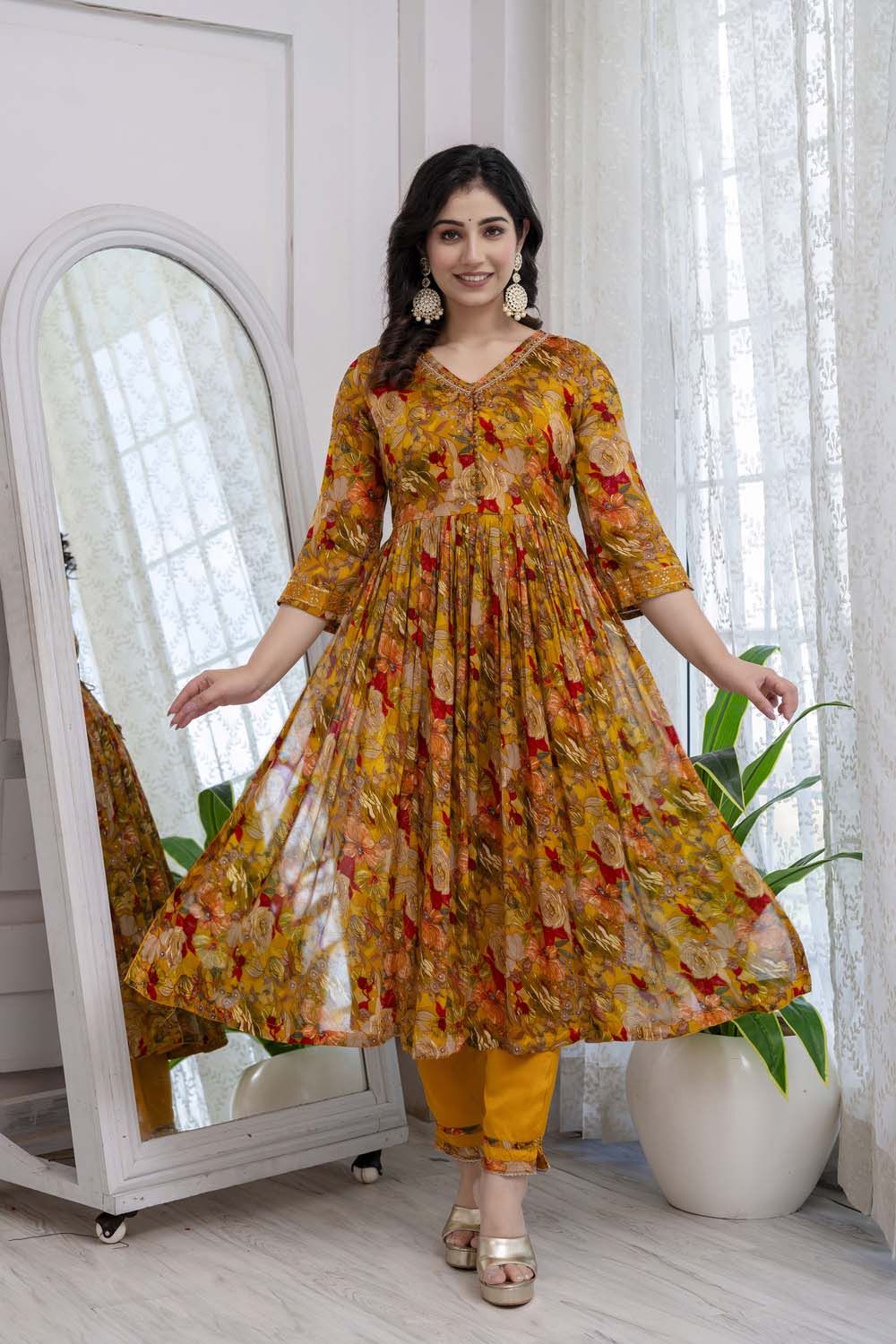 Mustard Chinon Naira Cut Kurti 3 Pieces Set