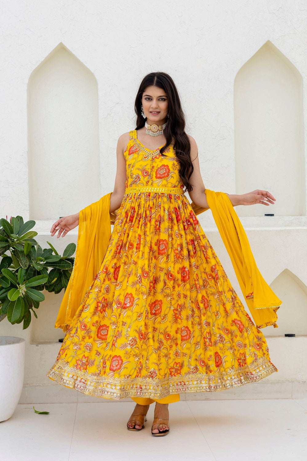 Yellow Chinon Frock Kurti 3 Pieces Set