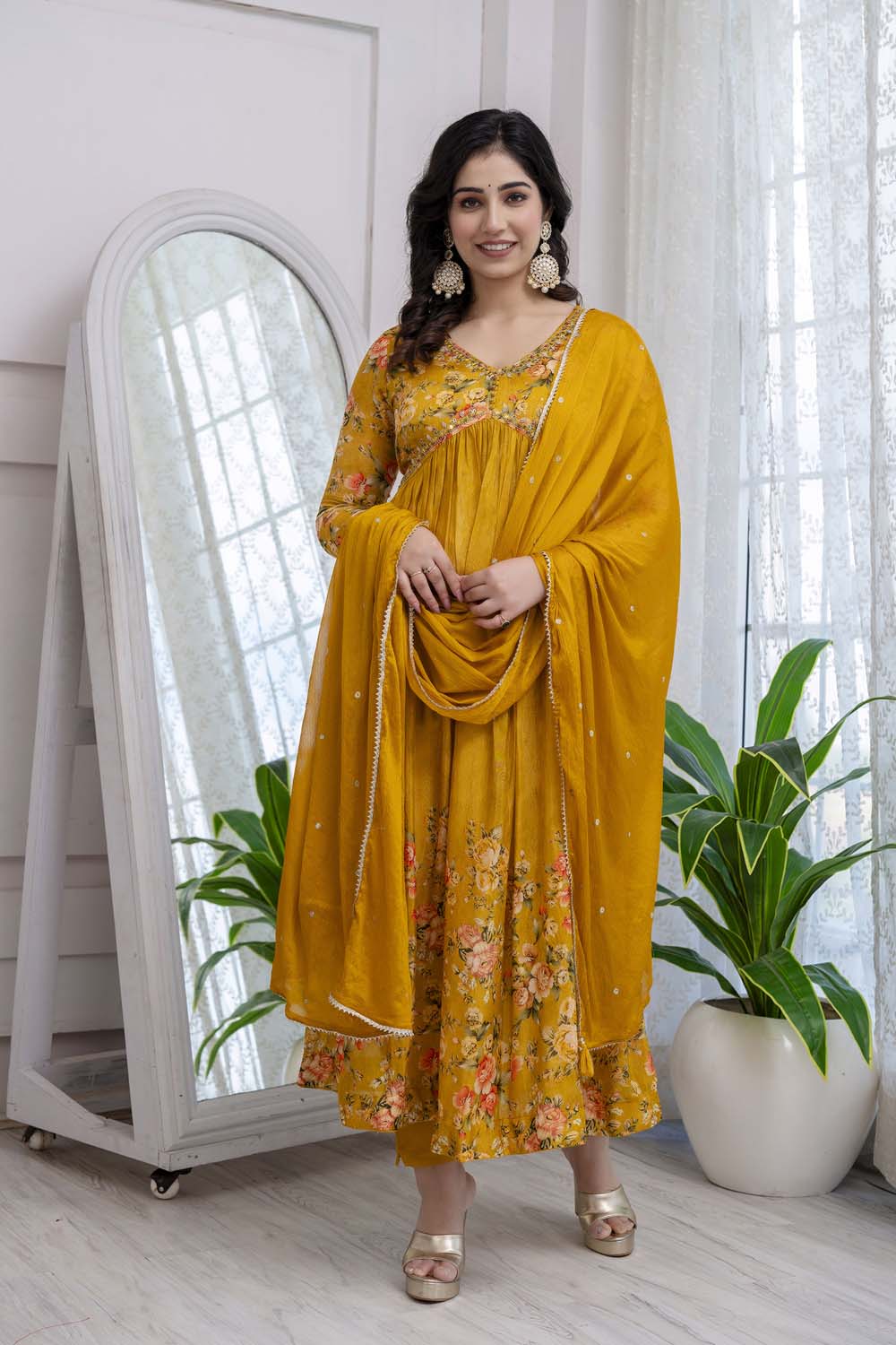 Mustard Chinon Aliya Cut Kurti 3 Pieces Set