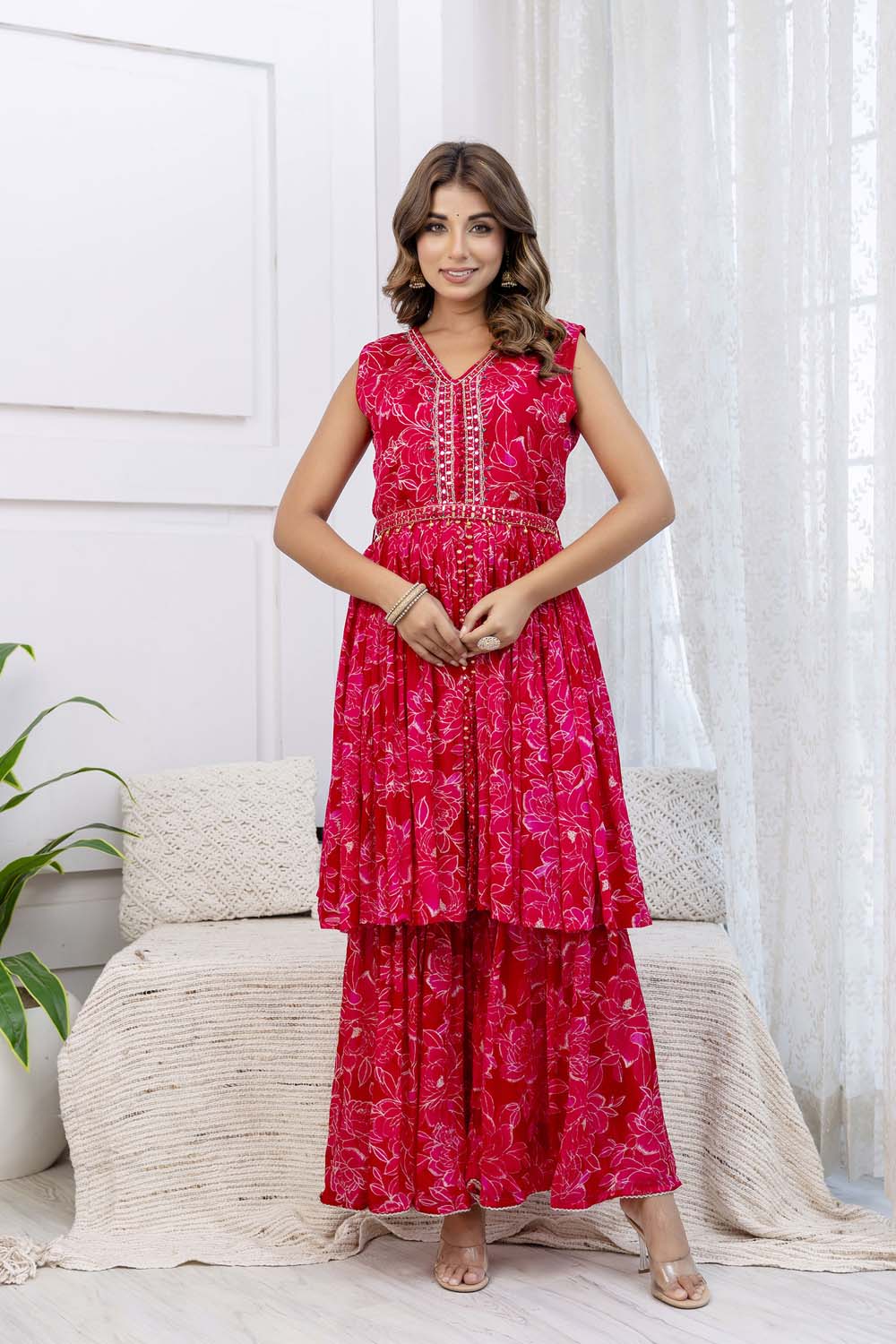Rani Pink Pure Chinon Printed Poplon Kurti 3 Pieces Set