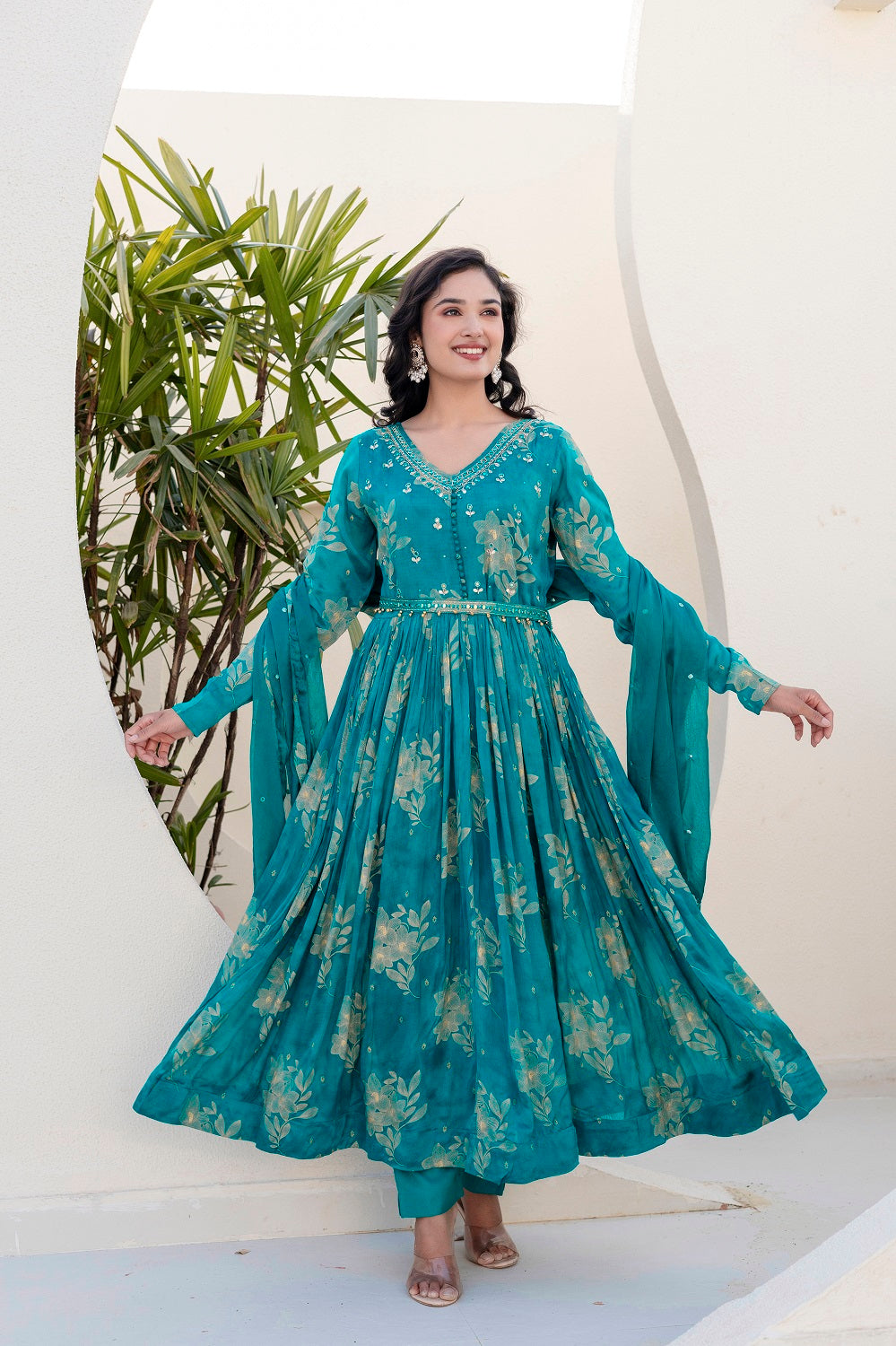 Rama Green Chinon Frock Kurti 3 Pieces Set