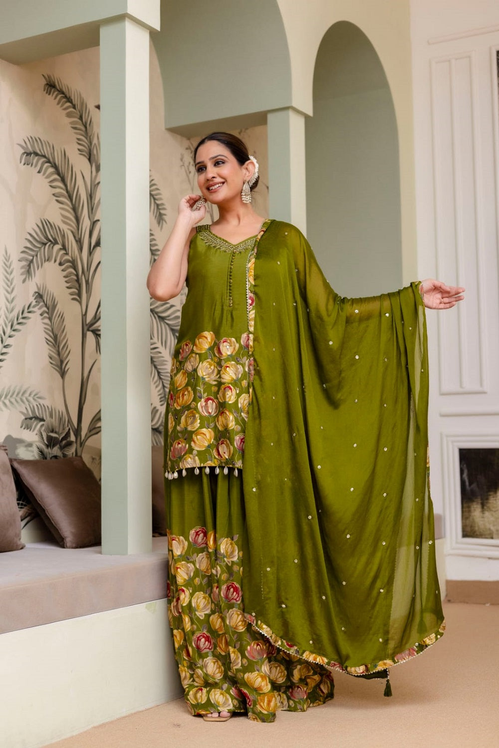 M Green Silk Kurti Sharara 3 Pieces Set