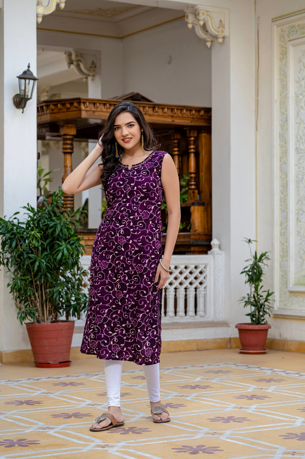 Voilet Printed Partyqueen Straight Cut Kurti