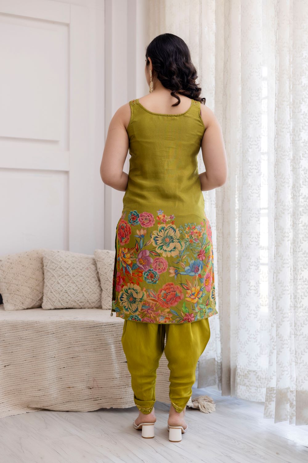 Light Green Shimmer Strap Kurti 3 Pieces Set