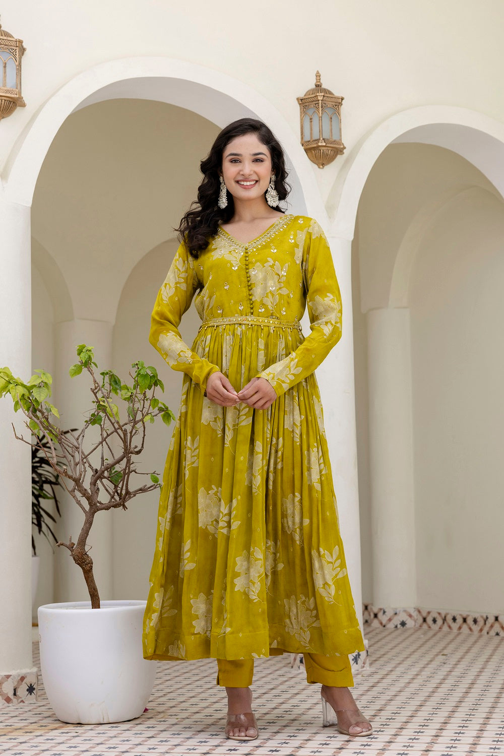 M Green Chinon Frock Kurti 3 Pieces Set