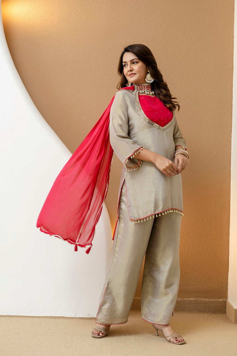 Grey Shimmer Plazo Kurti 3 Pieces Set