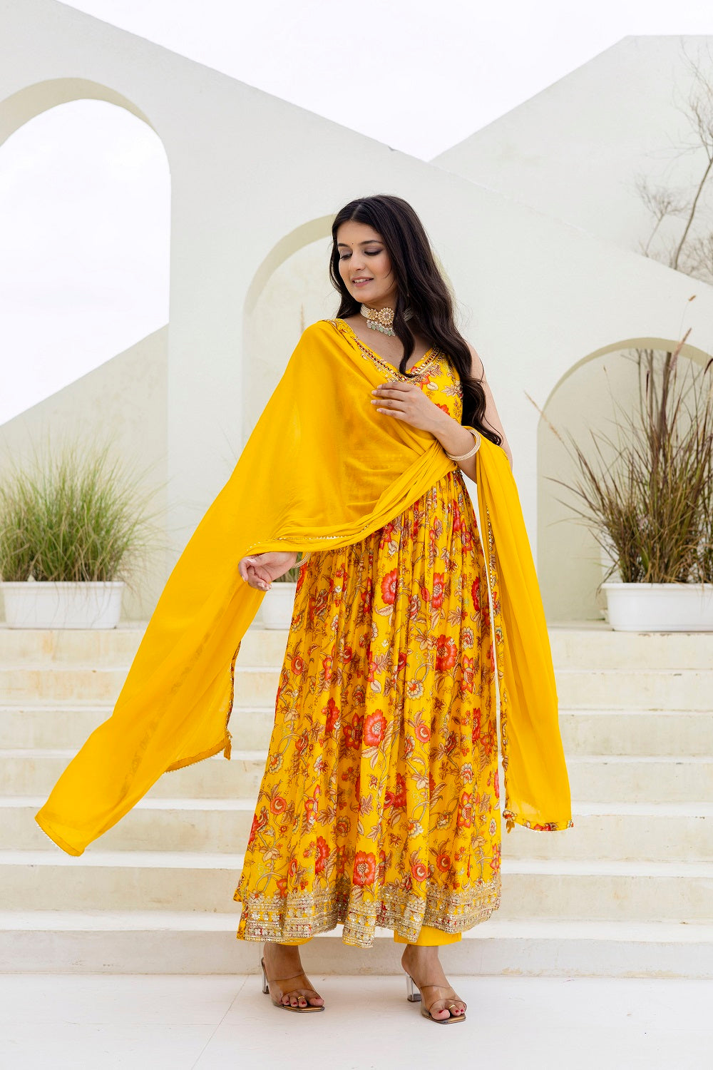 Yellow Chinon Frock Kurti 3 Pieces Set