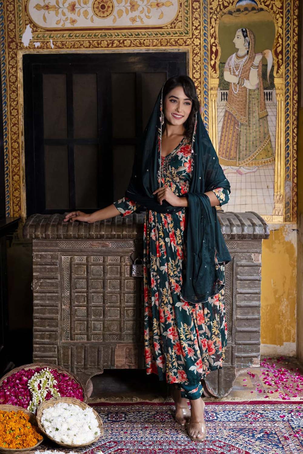 Bottle Green Chinon Naira Cut Kurti 3 Pieces Set