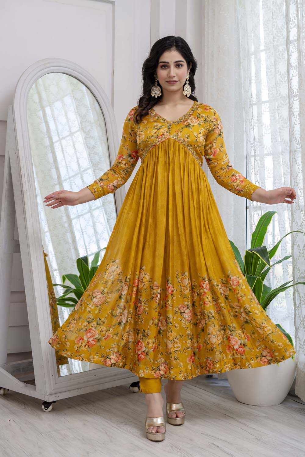 Mustard Chinon Aliya Cut Kurti 3 Pieces Set