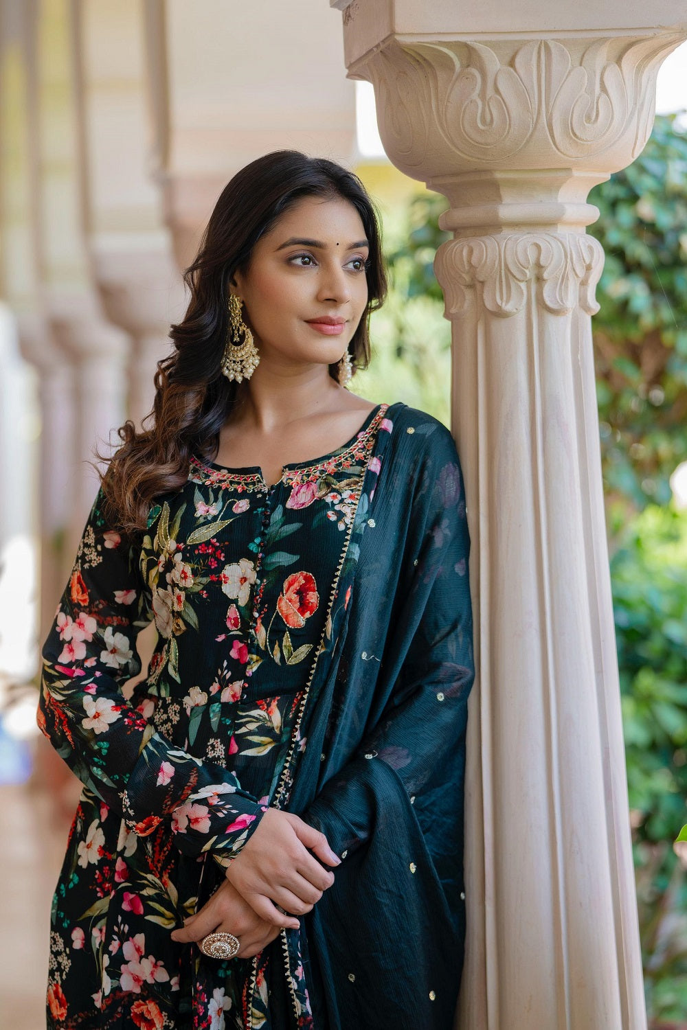 Bottle Green Chinon Frock Kurti 3 Pieces Set