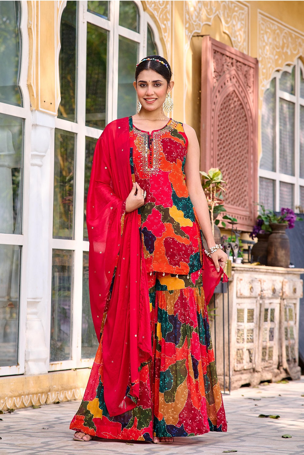 Multi Color Chinon Short Kurti 3 Pieces Set