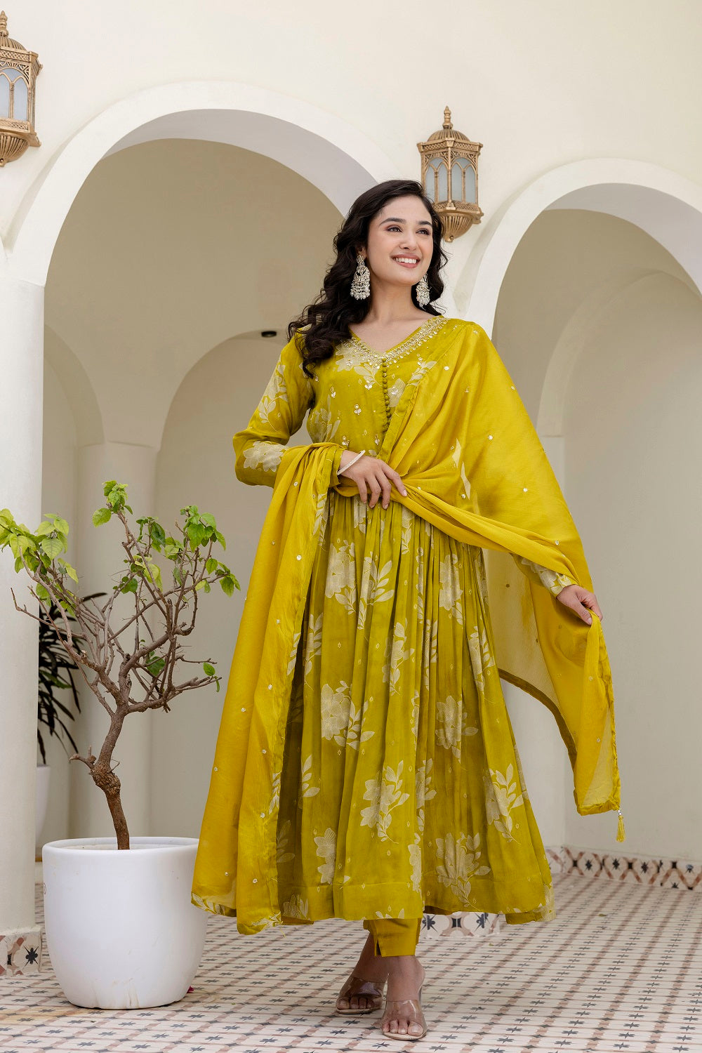 M Green Chinon Frock Kurti 3 Pieces Set