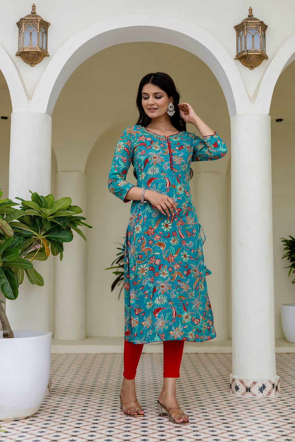 Rama Green Rayon Printed Straight Kurti