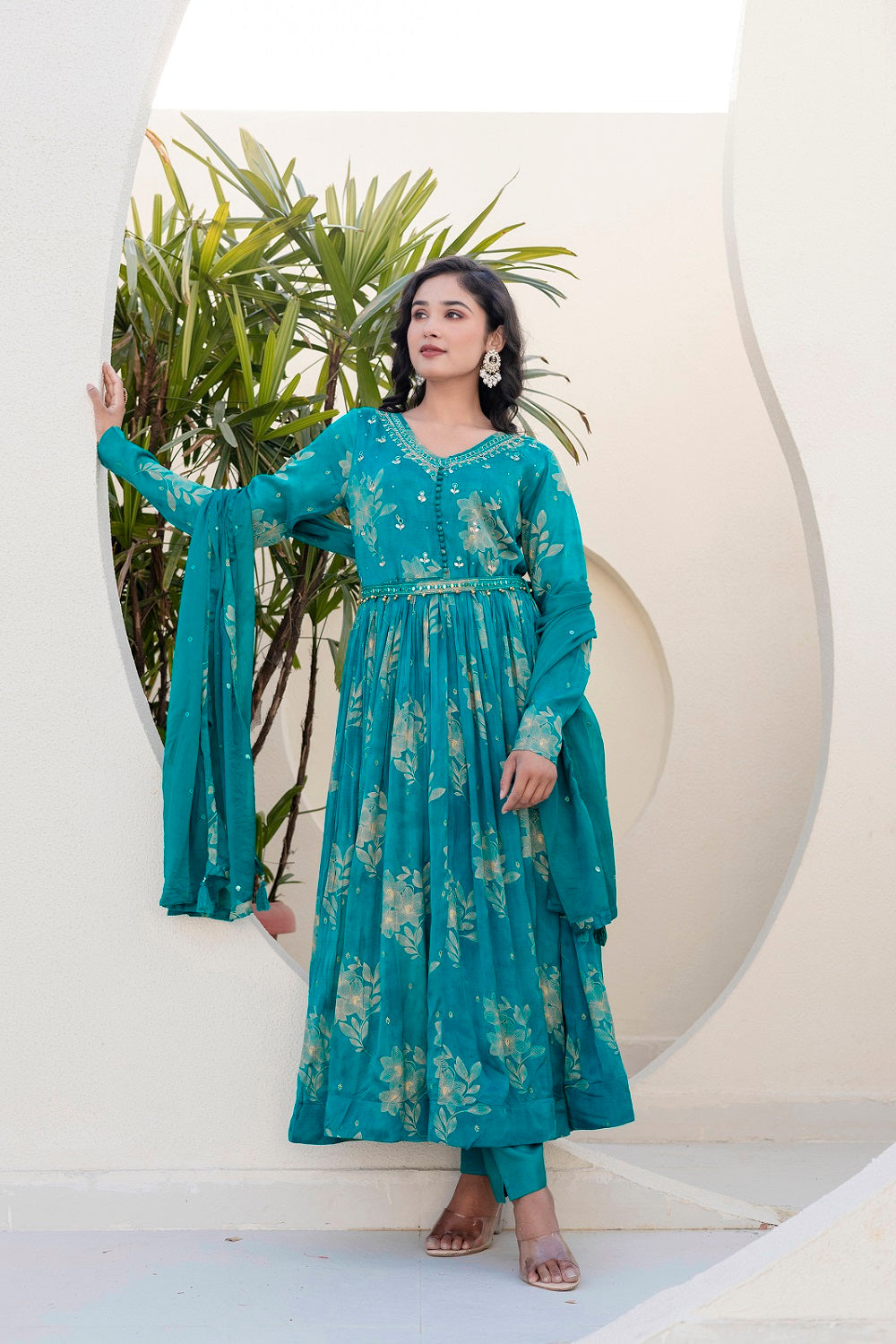 Rama Green Chinon Frock Kurti 3 Pieces Set