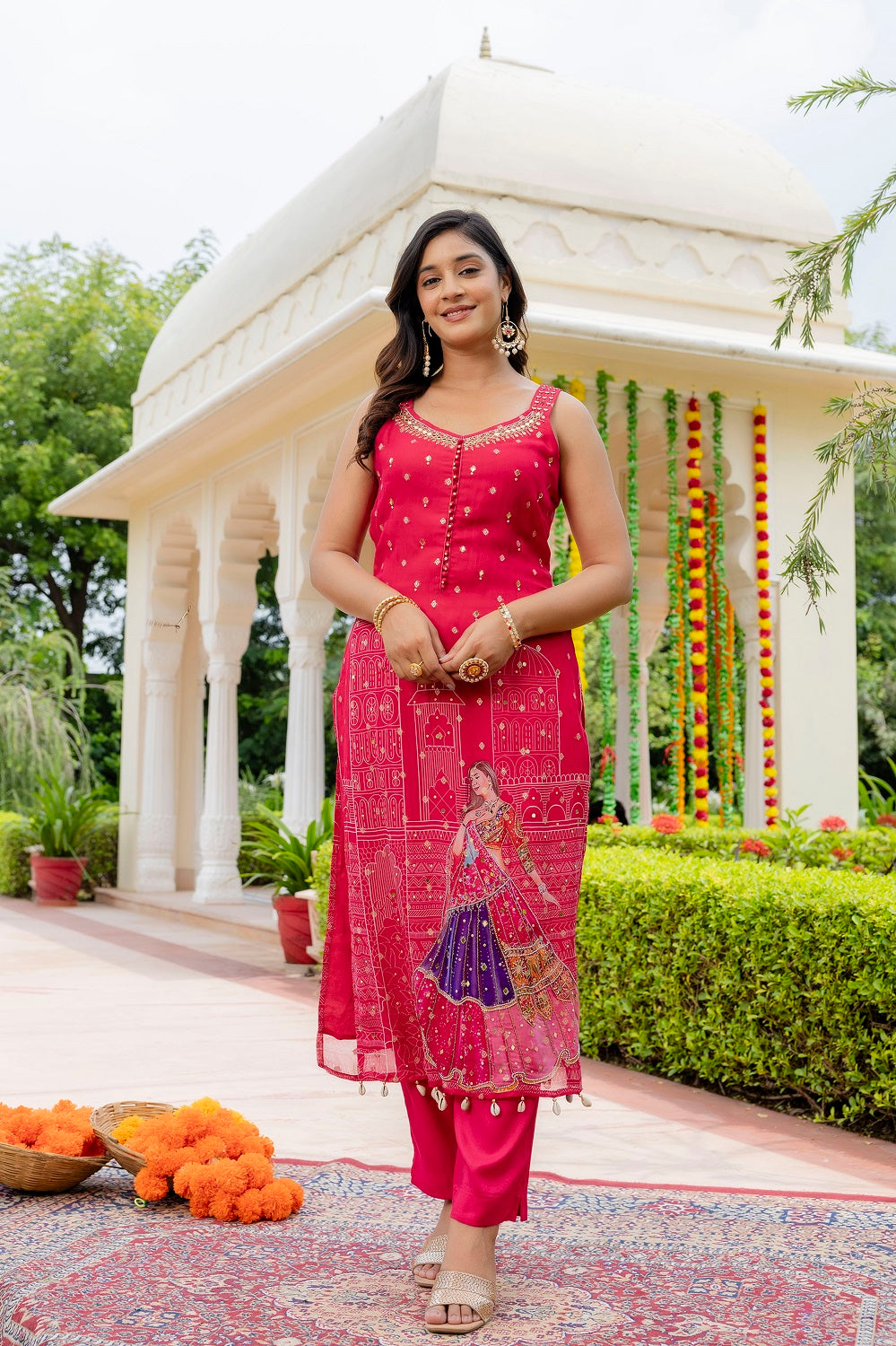 Rani Pink Organza Printed Kurti 3 Pieces Set