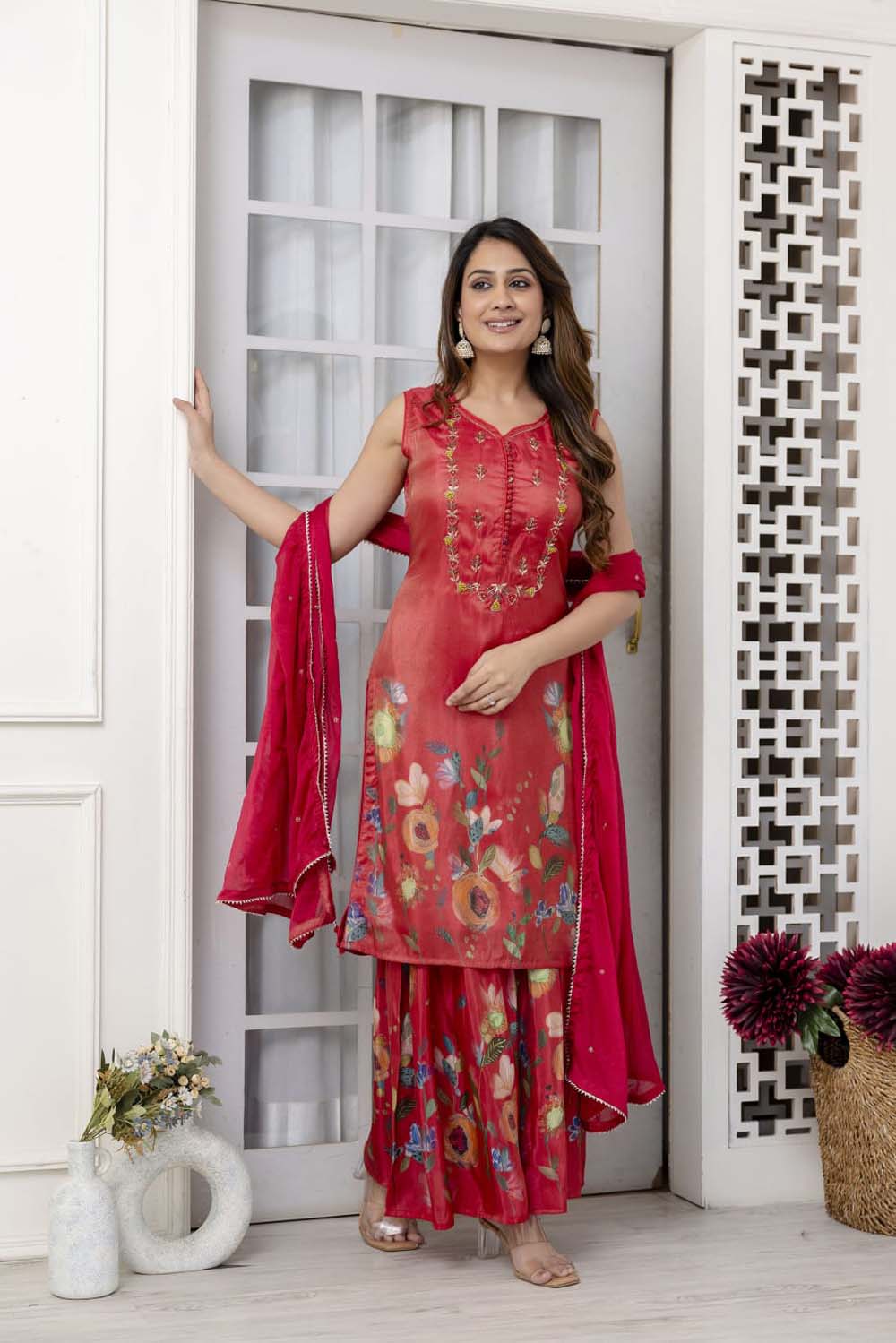 Kaira Bright Tomato Pink Poplon Kurti Plazo Dupatta Set