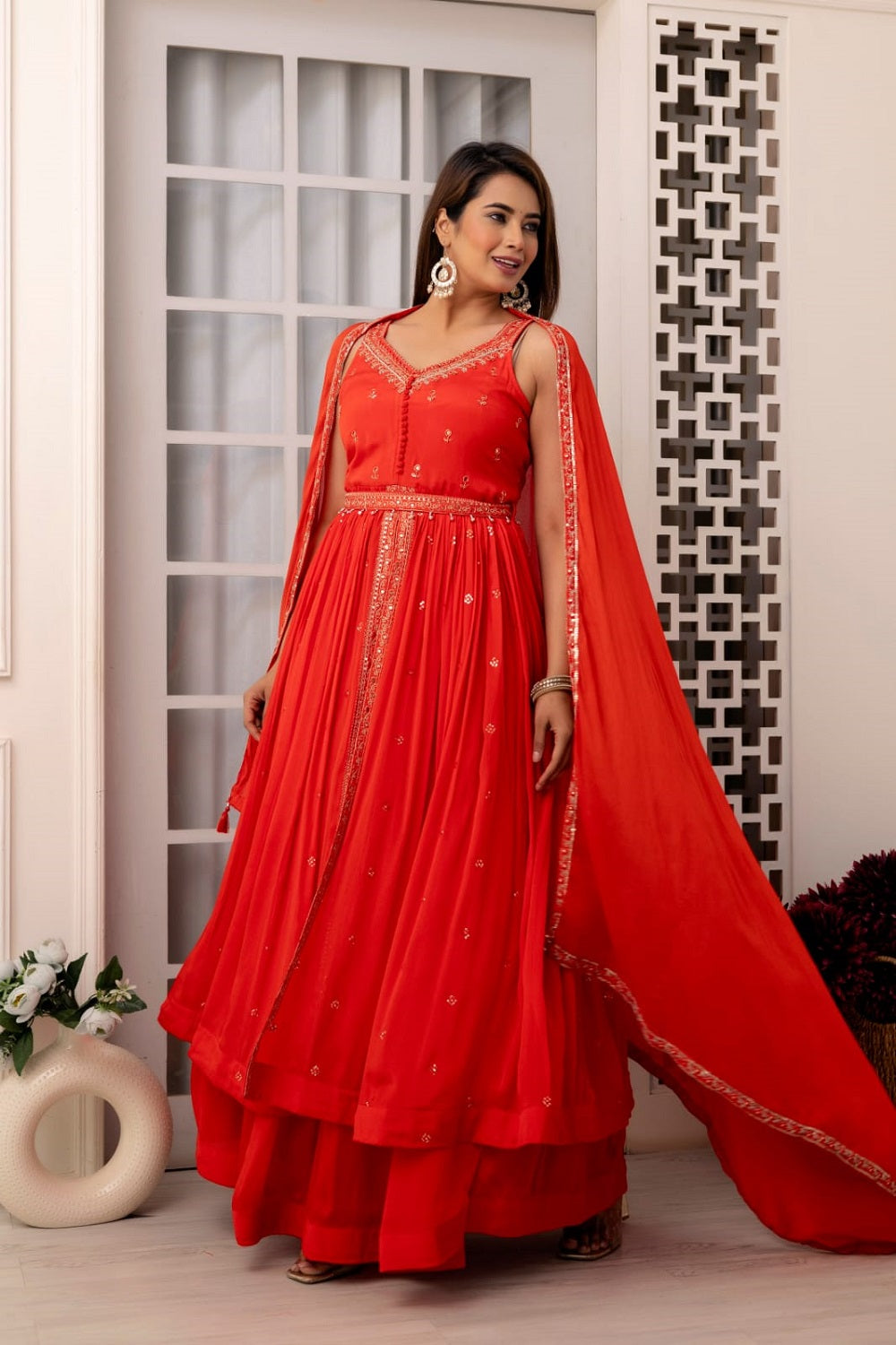 Red Chinon Skirt Kurti 3 Pieces Set